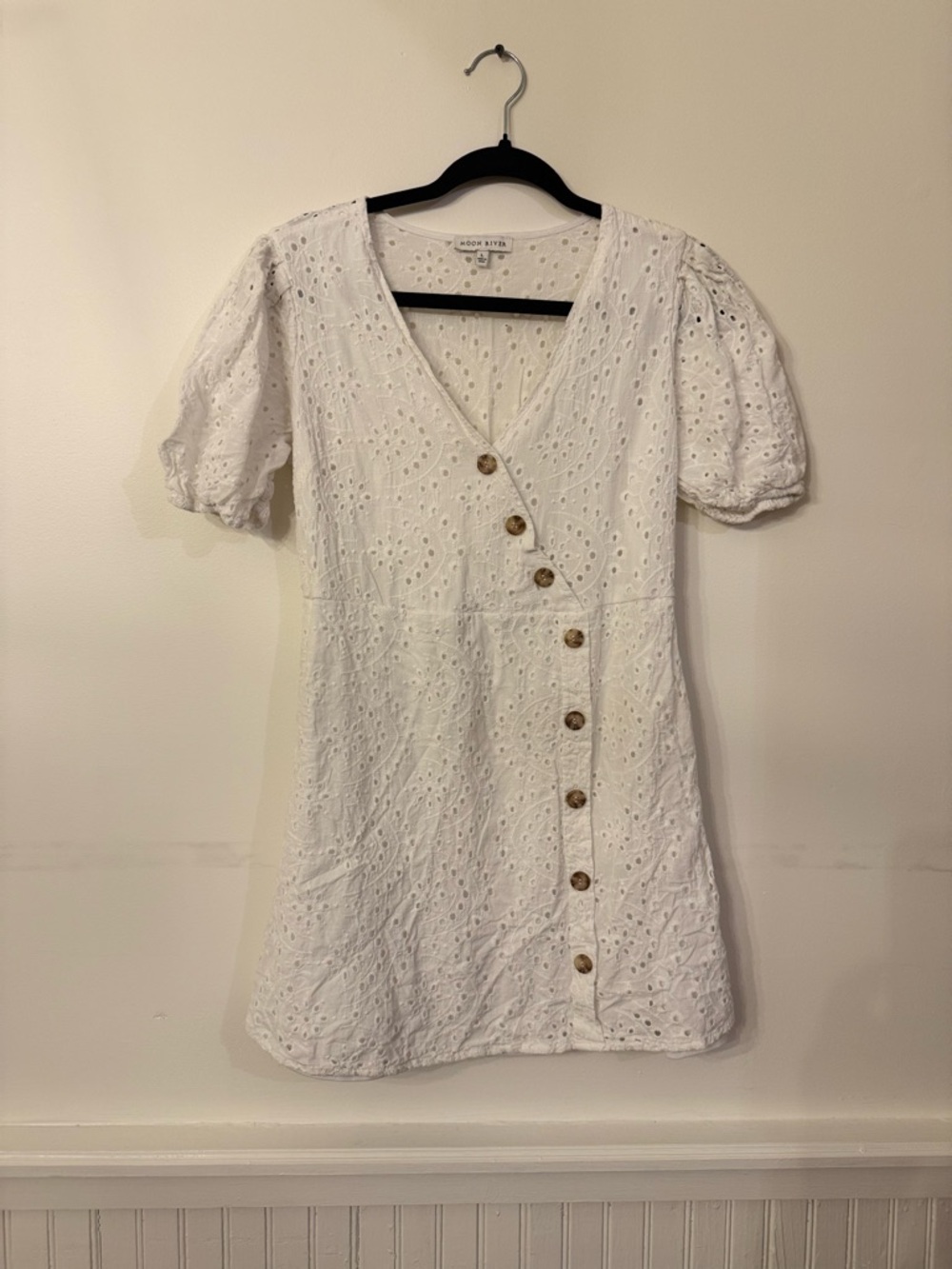 Moon River White Eyelet Asymmetric Button Mini Dress